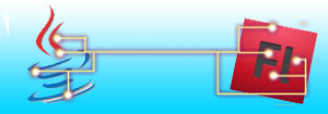 Java and Flash icons connected conected by circuts.